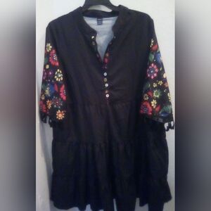 SHEIN Oversized Floral Bohemian With Tassel Black Mini Dress Size S